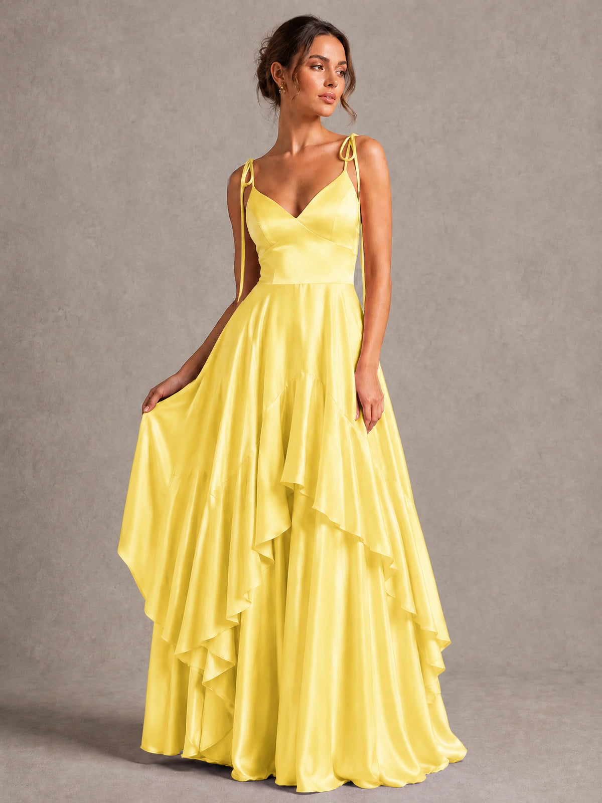 Lavender Satin V-Neck Ruffle Maxi Dress