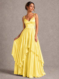 Lavender Satin V-Neck Ruffle Maxi Dress