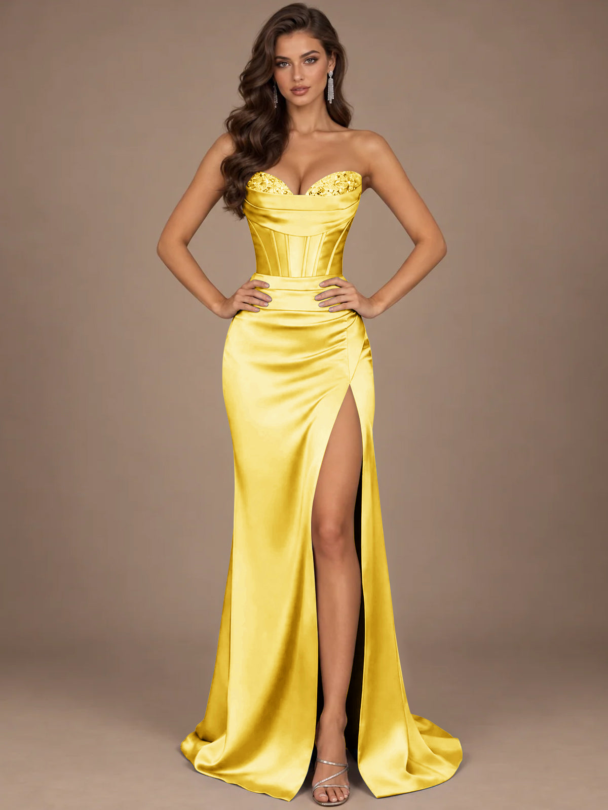 Dusty Blue Strapless Lace Corset Prom Dress with High Slit