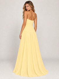 Butter Yellow Ruched Spaghetti Strap Drop-Waist Prom Dress