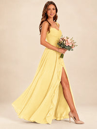 Spaghetti Straps Pleated Chiffon Bridesmaid Dress with Ruffle Slit