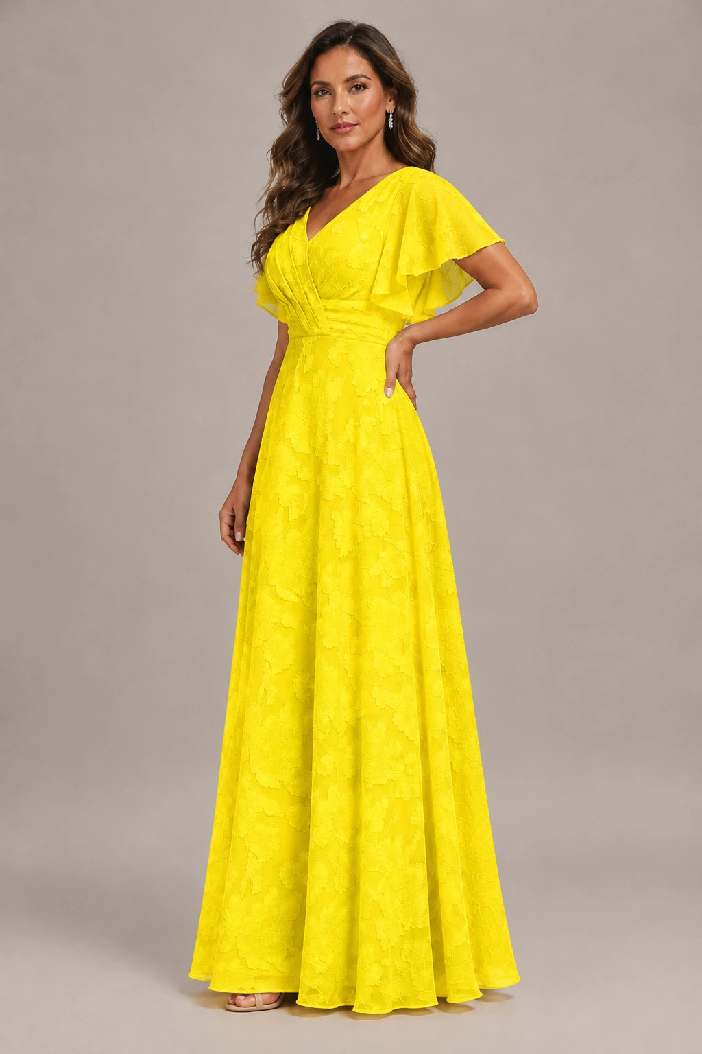 Jovellee Floral Chiffon A-Line Mother of the Bride Dress with Flutter Sleeves