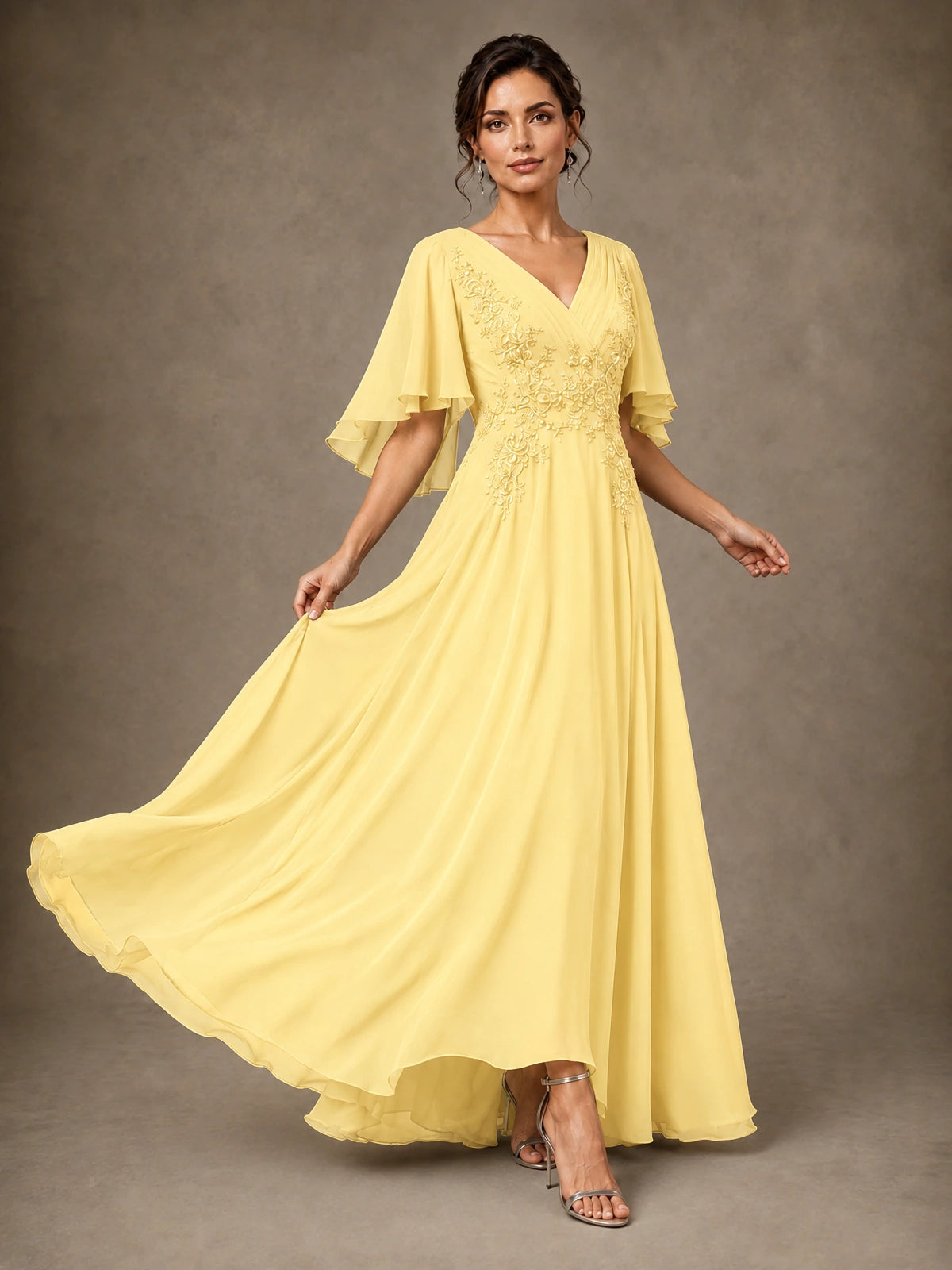 V-Neck Chiffon Lace Mother of the Bride Dress with Flutter Sleeves