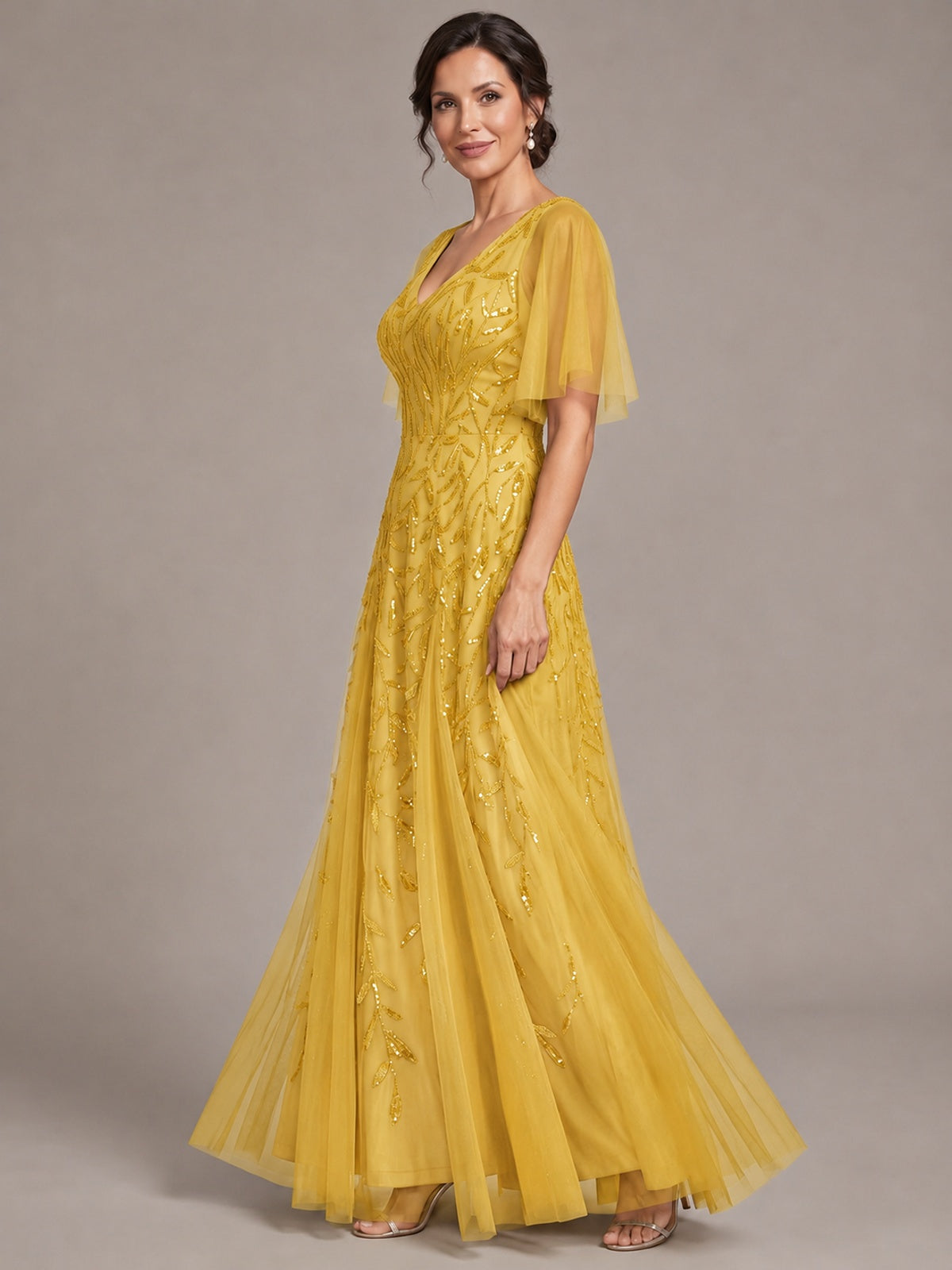 V-Neck Sequin Tulle Mother of the Bride Dress with Flutter Sleeve