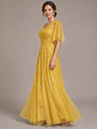 V-Neck Sequin Tulle Mother of the Bride Dress with Flutter Sleeve