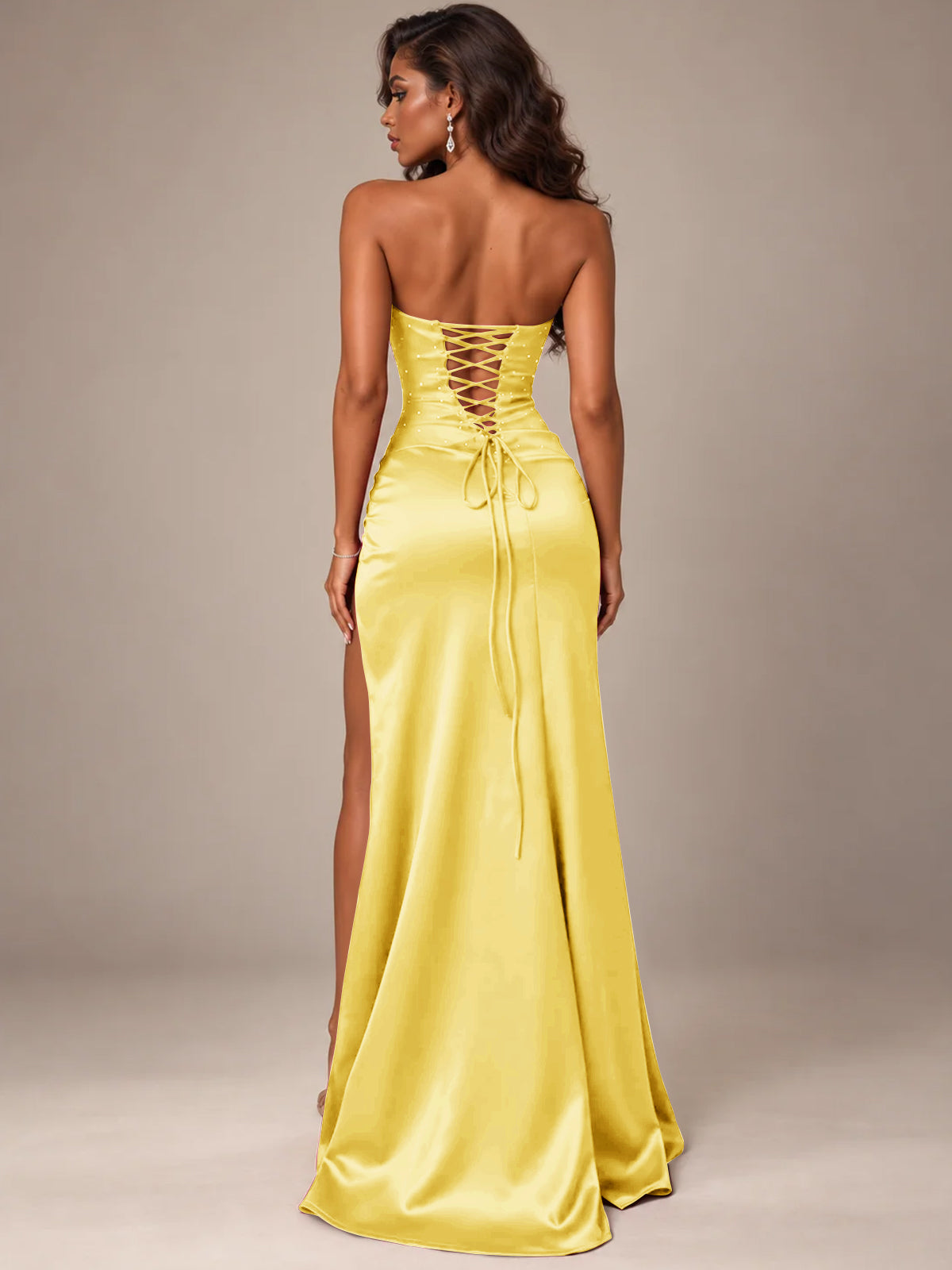 Burgundy Strapless Sparkly Corset Prom Dress with High Slit