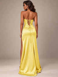 Burgundy Strapless Sparkly Corset Prom Dress with High Slit