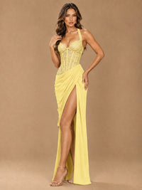 Sweetheart Halter Prom Dress Pleated Lace Floral Formal Dress with Slit