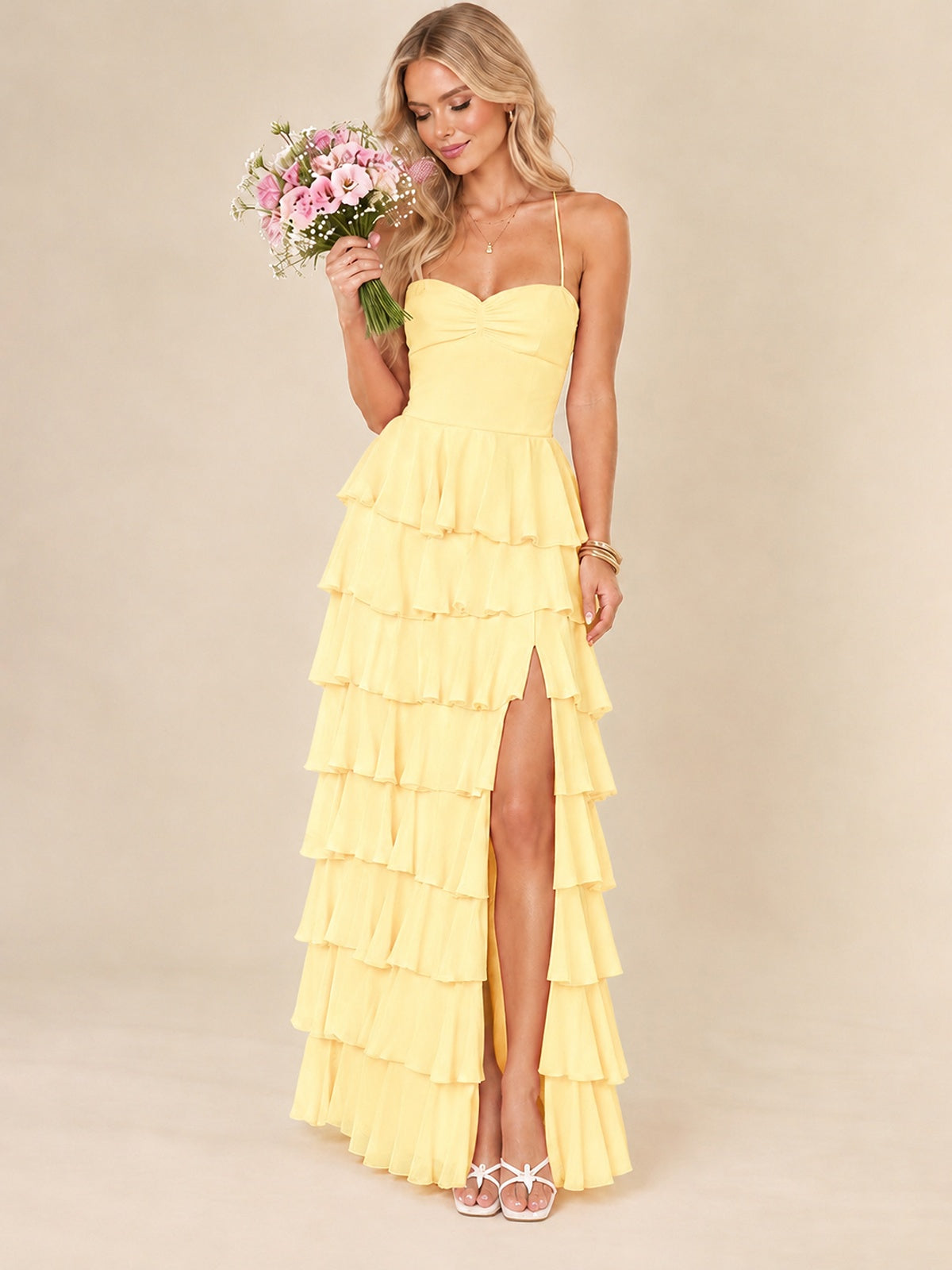 Ruffled Tiered Chiffon Prom Dress Spaghetti Straps Formal Maxi Dress with Slit