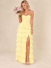Ruffled Tiered Chiffon Prom Dress Spaghetti Straps Formal Maxi Dress with Slit