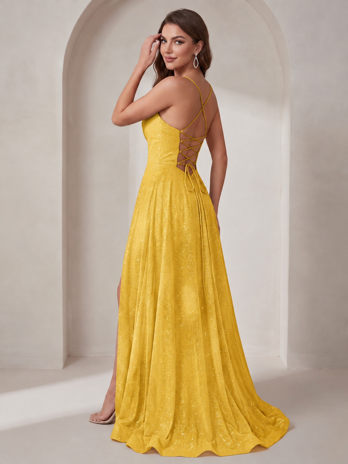 Sparkly Cowl Neck Corset Long Prom Dress with Slit A-line Tulle Ball Gown
