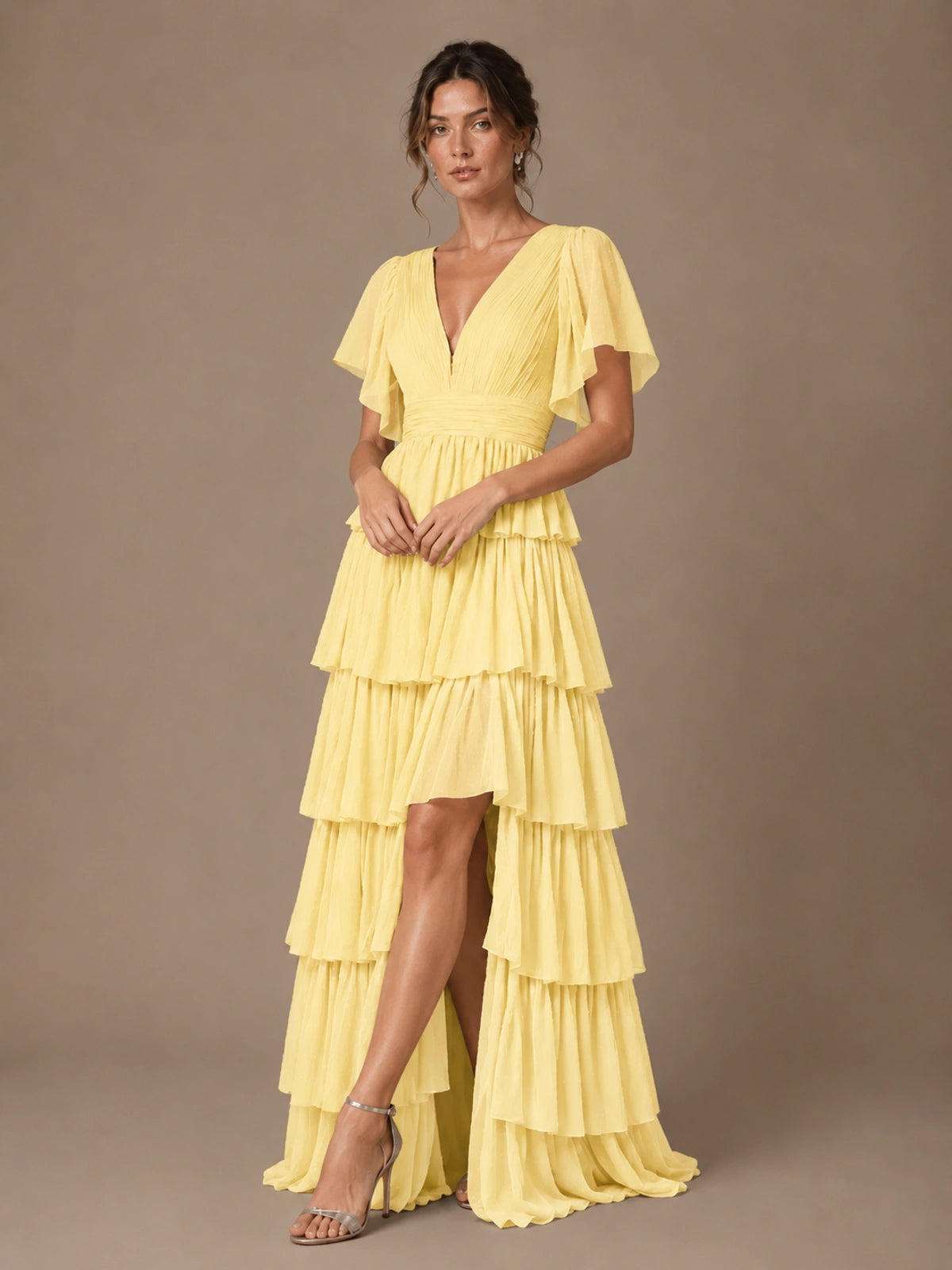 Chiffon V-Neck Tiered Ruffle Bridesmaid Dress with Slit