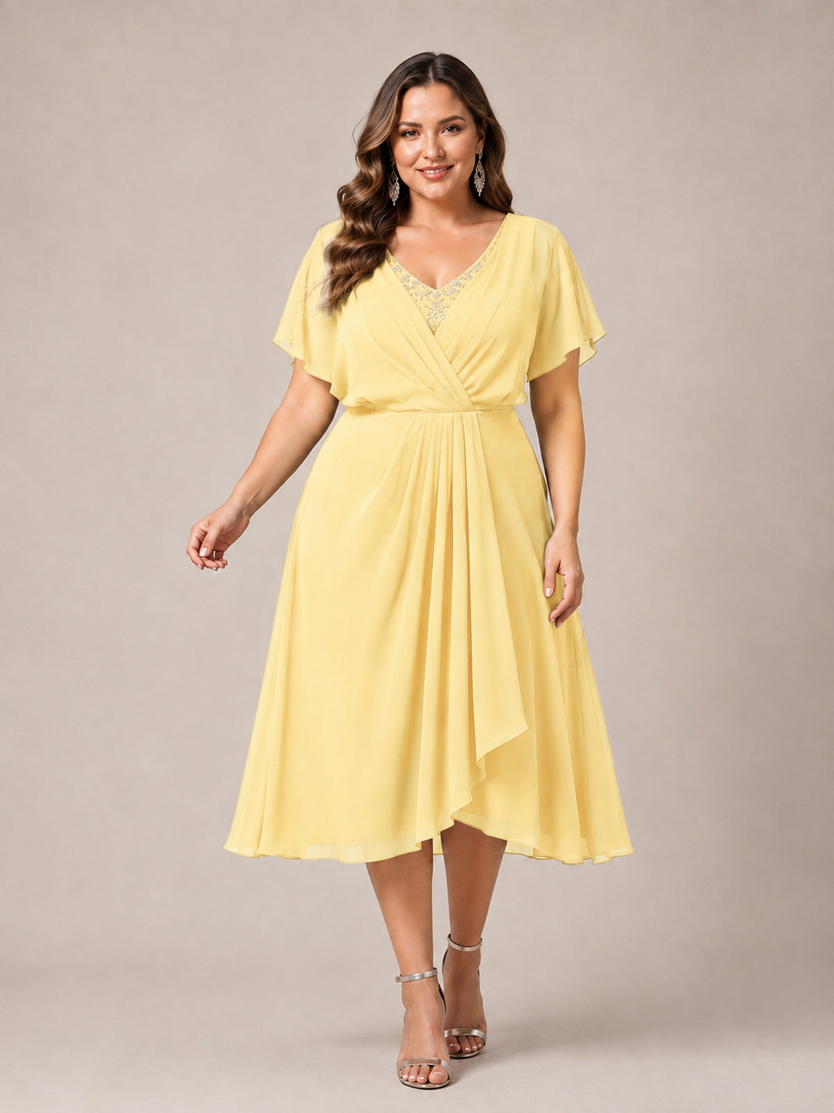 Navy Blue A-Line V-Neck Tea-Length Mother of the Bride Dress