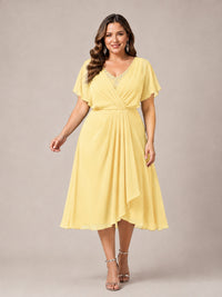 Navy Blue A-Line V-Neck Tea-Length Mother of the Bride Dress