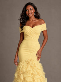 Pink Off-the-Shoulder Mermaid Prom Dress with Ruffles 3D Flowers
