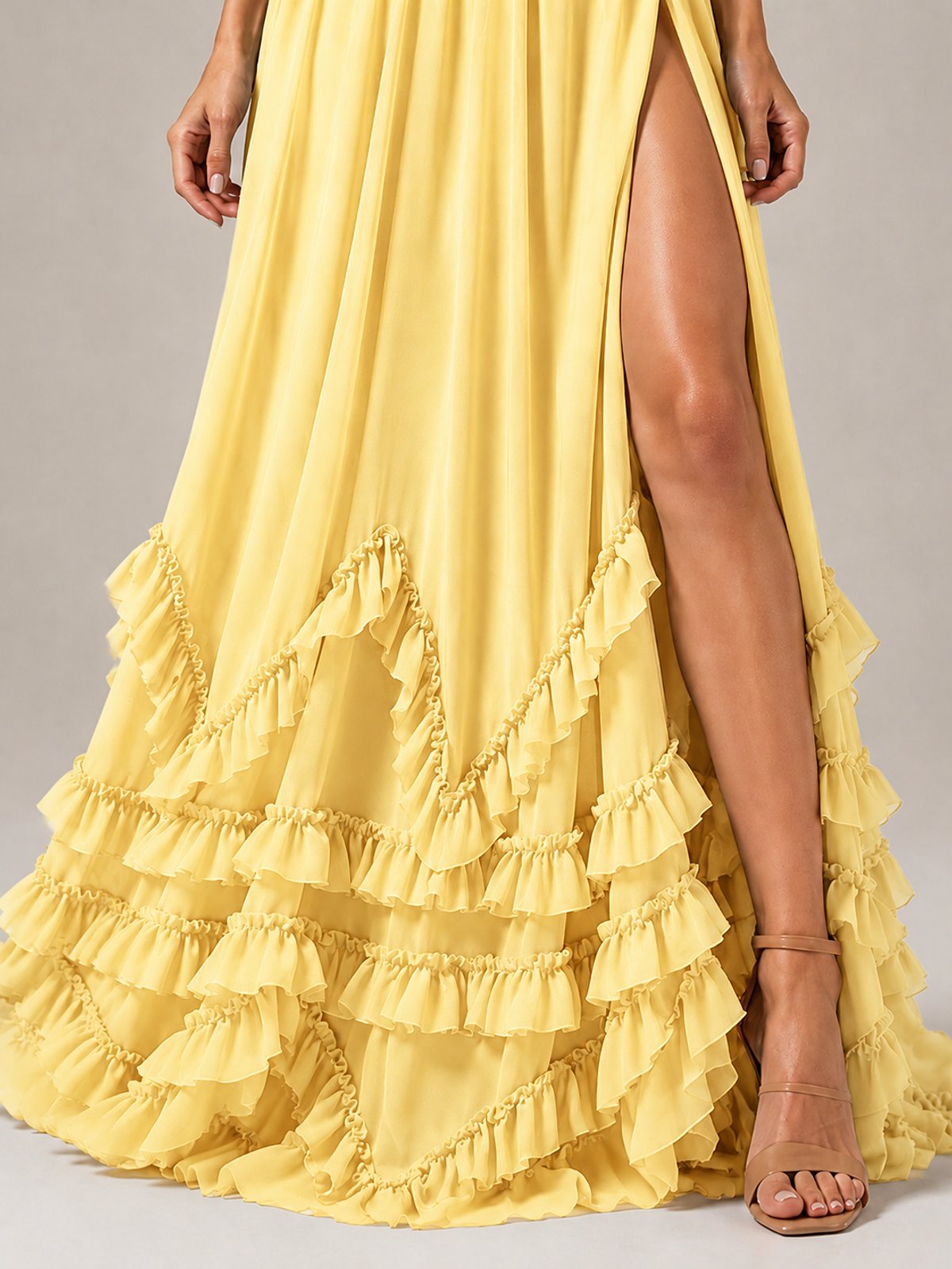 Halter V Neck Chiffon Formal Dress with Lace-Up Back and Ruffle Hem