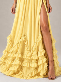 Halter V Neck Chiffon Formal Dress with Lace-Up Back and Ruffle Hem