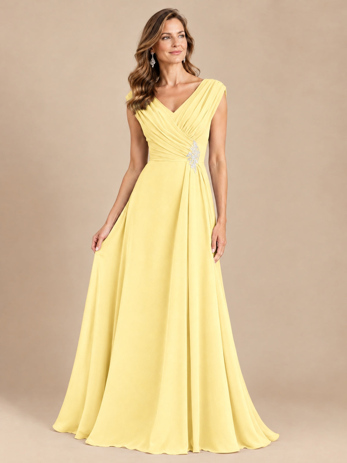 V Neck Pleated Mother of The Bride Dresses with Beading Cap Sleeves