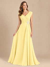 V Neck Pleated Mother of The Bride Dresses with Beading Cap Sleeves