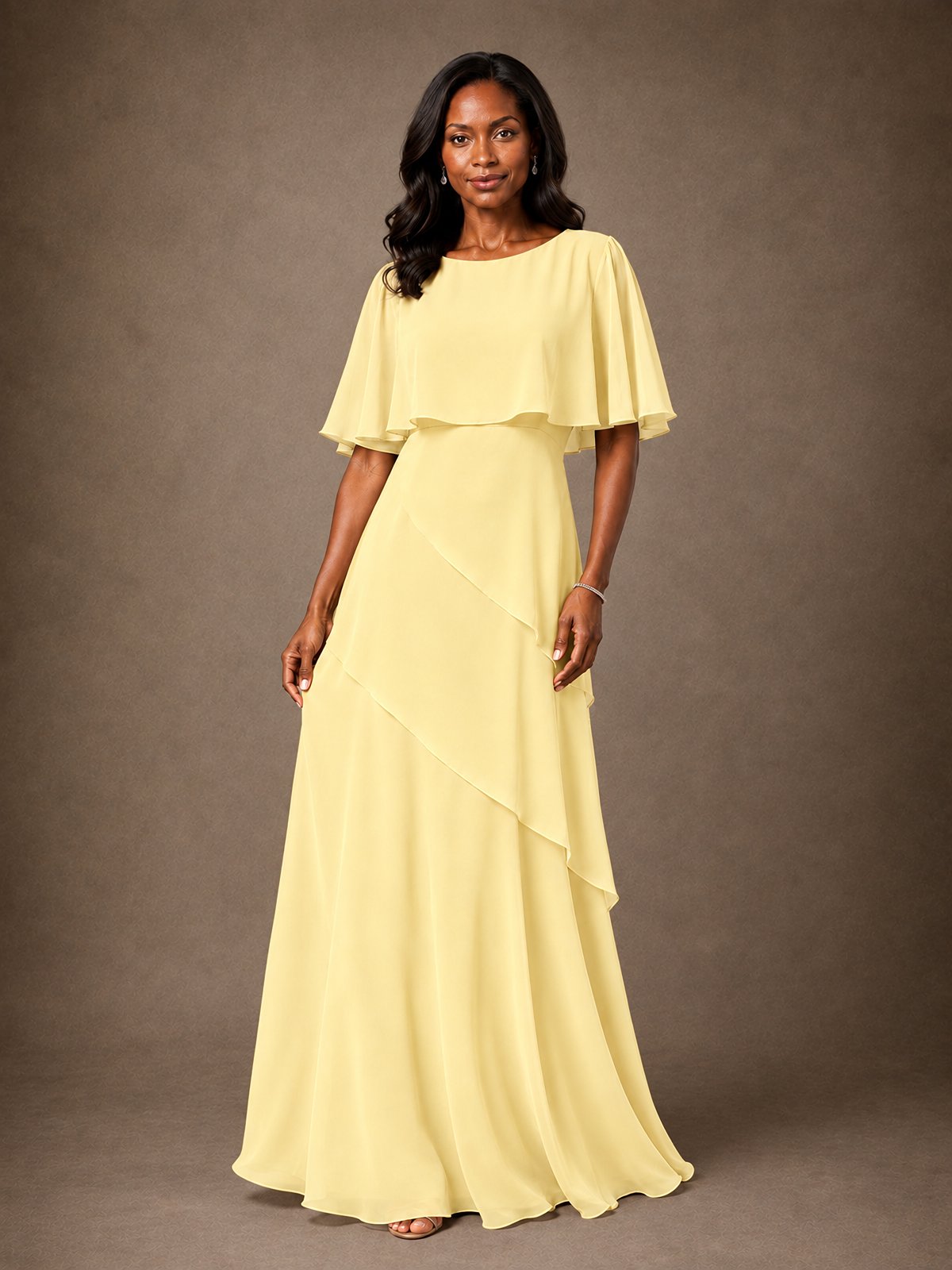 Taupe Chiffon A-Line Mother of the Bride Dress with Cape Sleeves