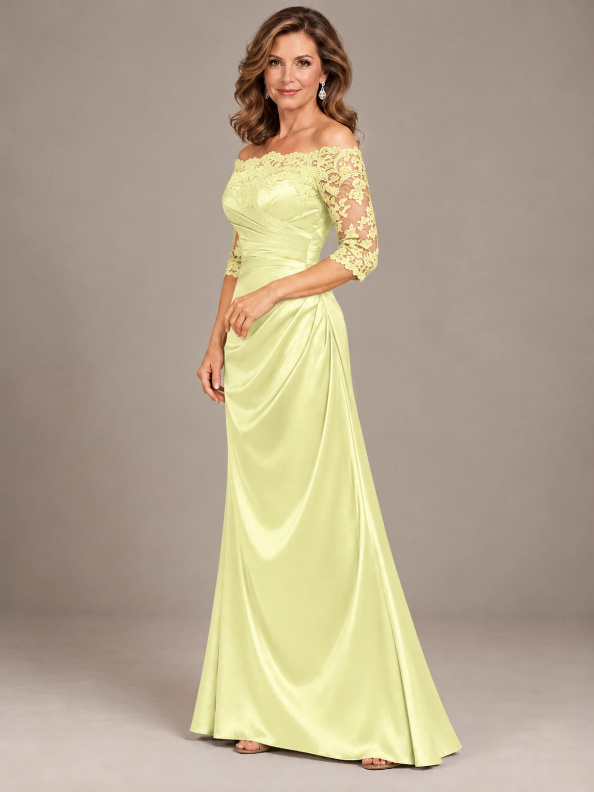 Satin Mother of the Bride Dress with Lace Sleeves Off Shoulder Formal Gown