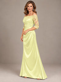 Satin Mother of the Bride Dress with Lace Sleeves Off Shoulder Formal Gown