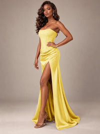 Burgundy Strapless Sparkly Corset Prom Dress with High Slit