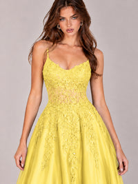 Lace Applique Satin A-Line Prom Dress with Sheer Bodice