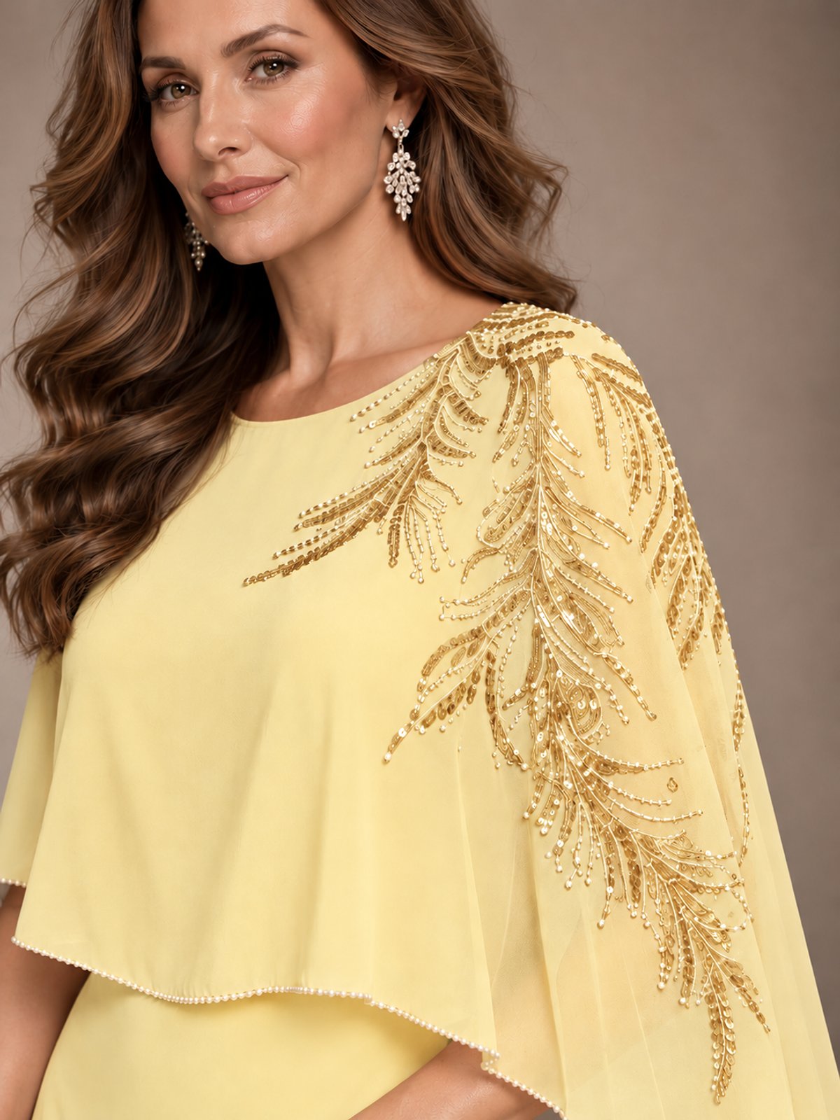 Elegant Chiffon Cape Sleeve Beaded Mother of the Bride Dress