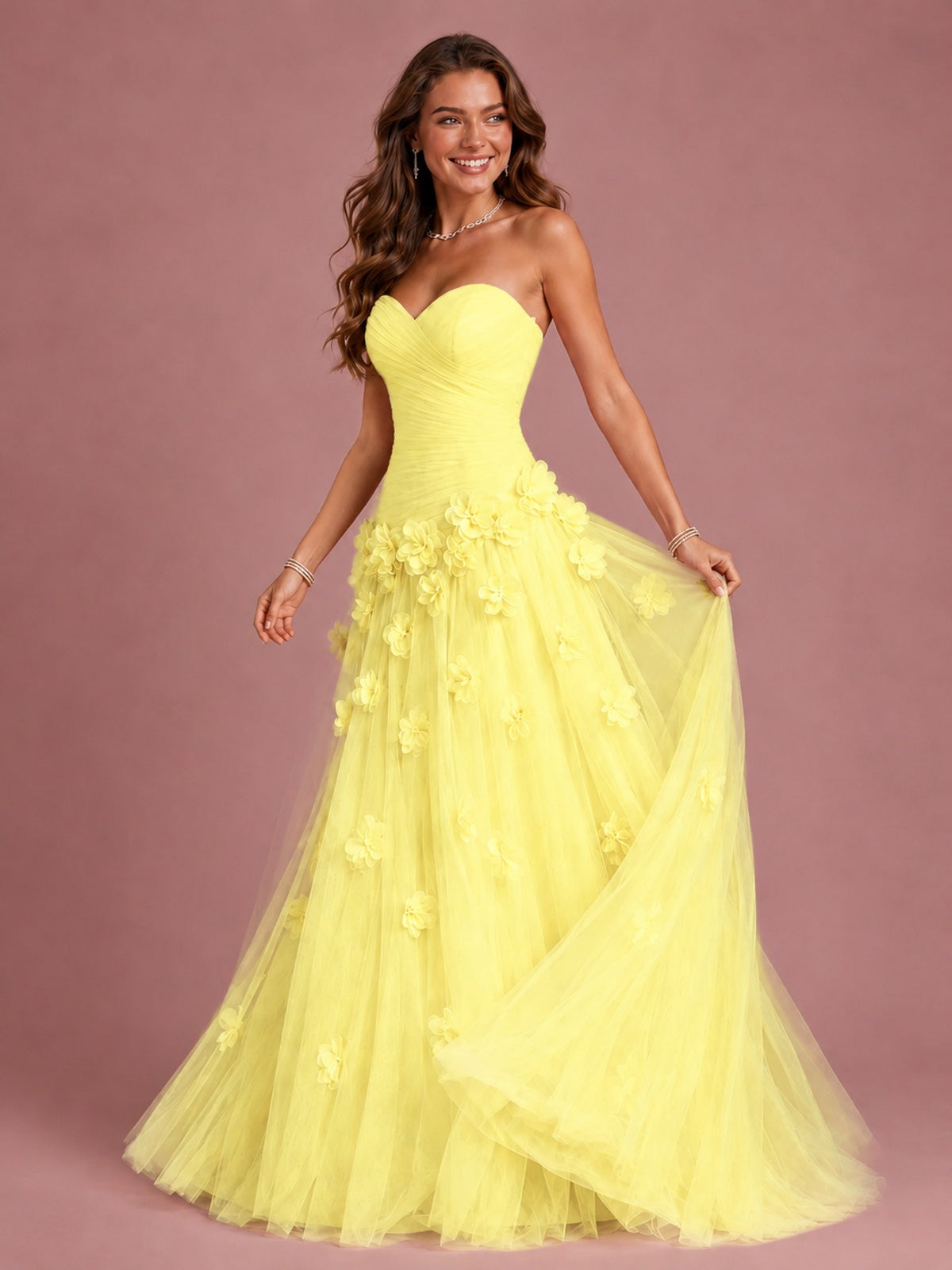 Blush Pink Strapless Sweetheart 3D Floral Tulle Ball Gown Prom Dres