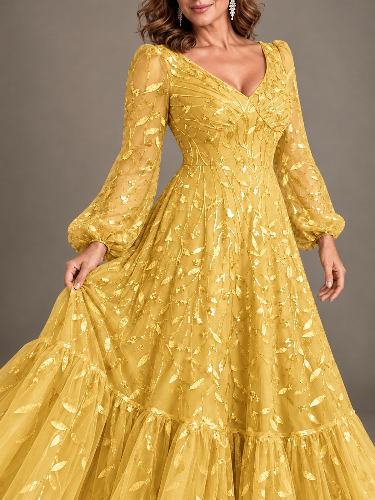 Floral Sequin Embroidered A-Line Mother of the Bride Dress with Long Sleeves