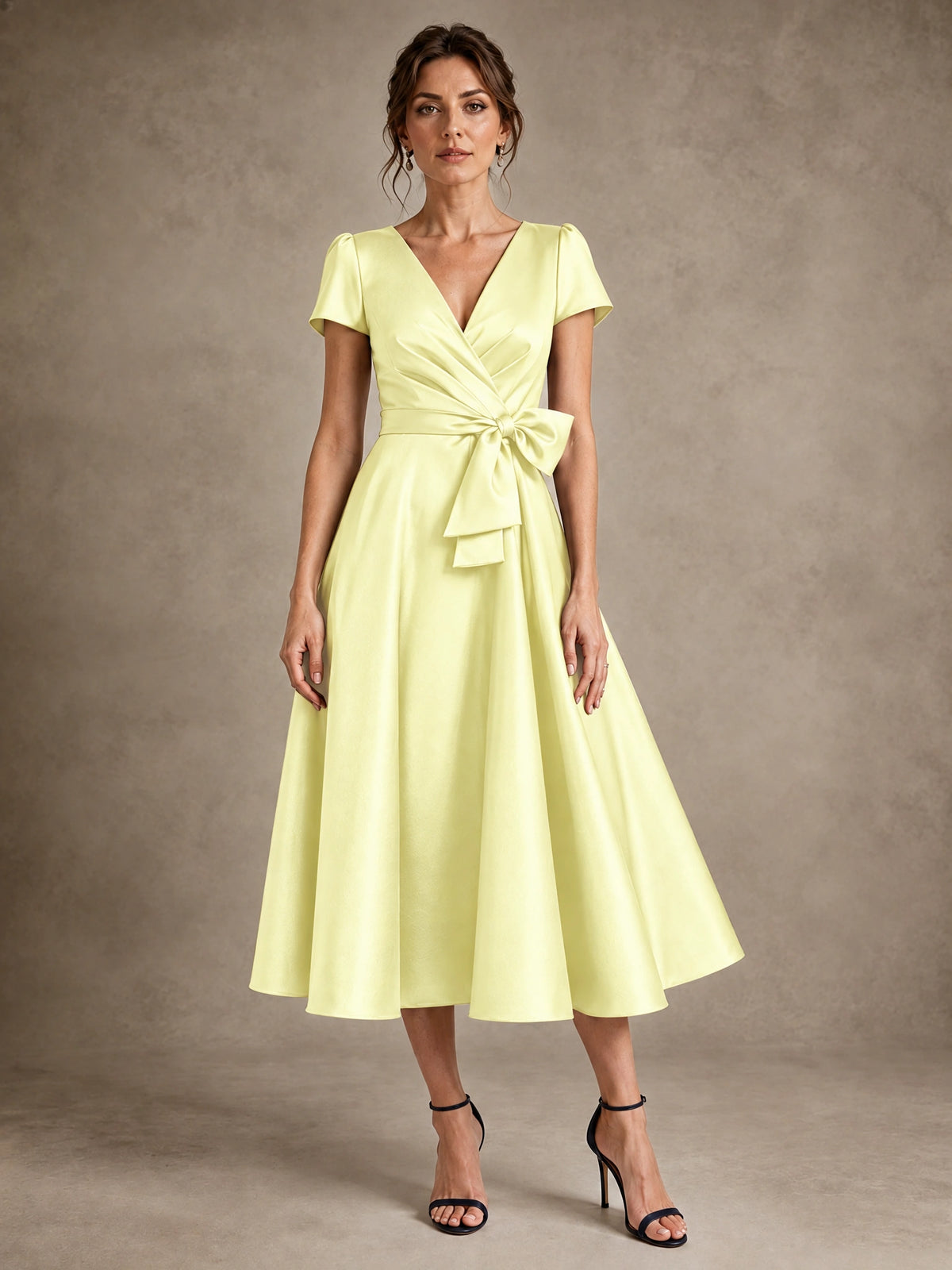 Yellow V-Neck Tea-Length Satin Mother of the Bride Dress with Bow Jovellee