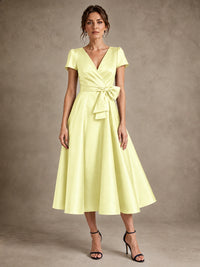 Yellow V-Neck Tea-Length Satin Mother of the Bride Dress with Bow Jovellee
