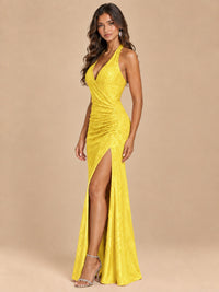 Halter V-Neck Sequin Mermaid Prom Dress with High Slit