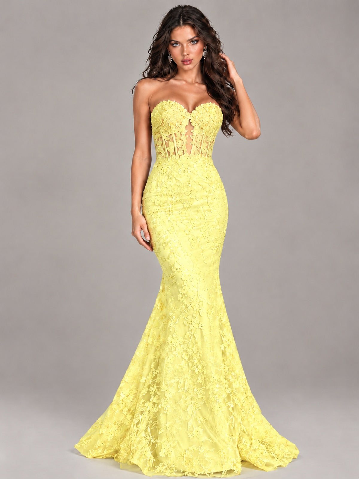 Strapless Corset Mermaid Prom Dress Lace Appliqué Formal Gown