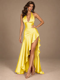 Burgundy Halter Deep V-Neck Ruched High Slit Ruffle Prom Dress