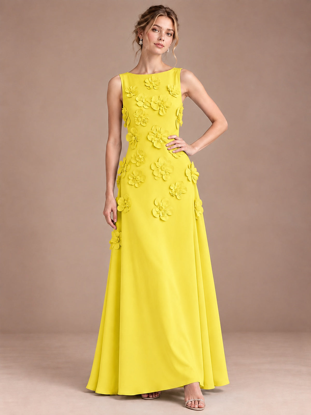 3D Floral Applique Sleeveless Formal Maxi Dress