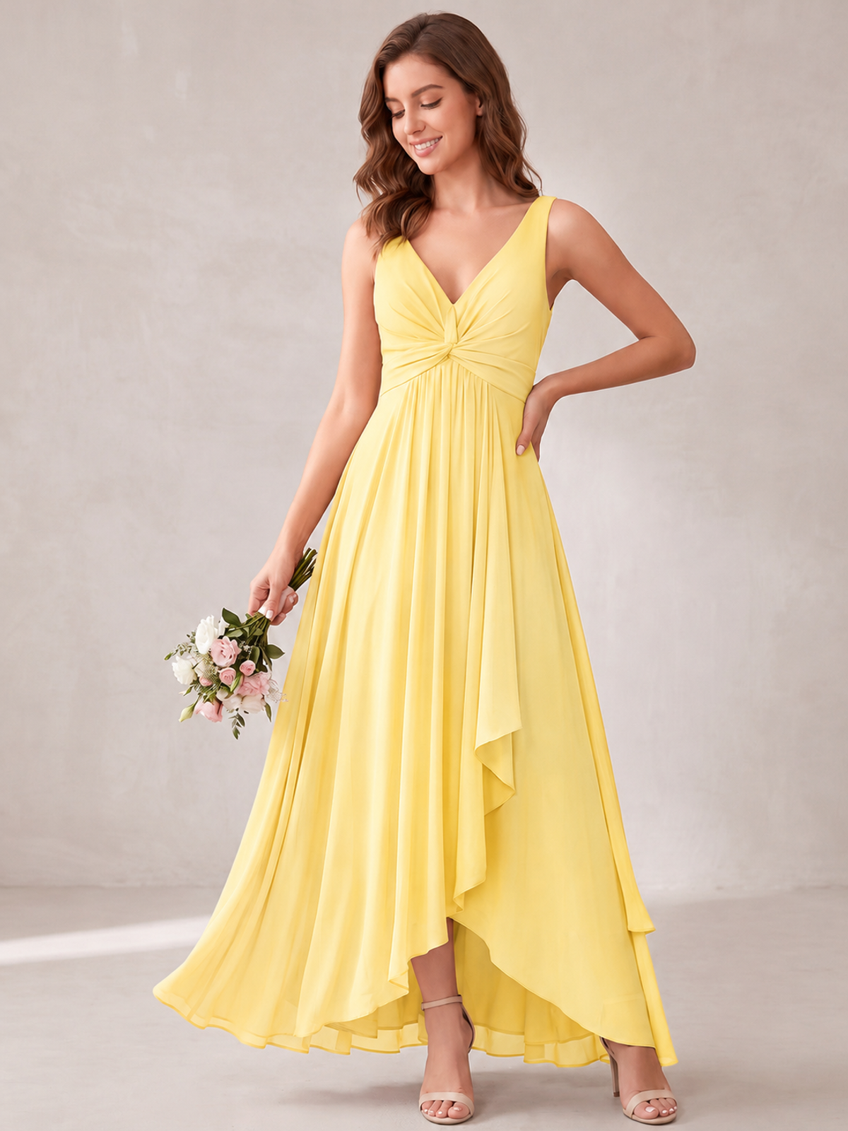 V-Neck High-Low Chiffon Bridesmaid Dress with Ruffles