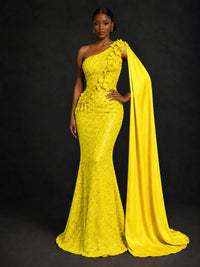 Gold Sequin One Shoulder Mermaid Prom Dress with Cape