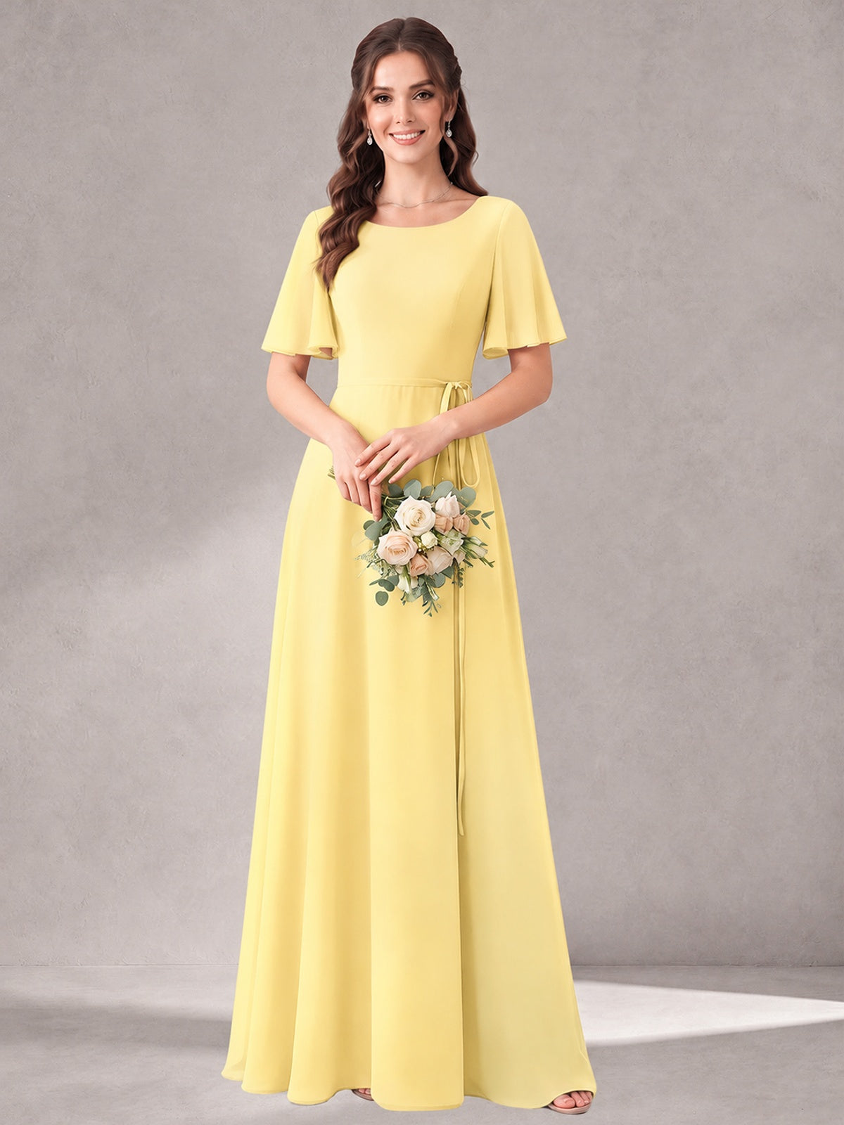 Scoop Neck A-line Chiffon Bridesmaid Dress with Flutter Sleeve & Belt