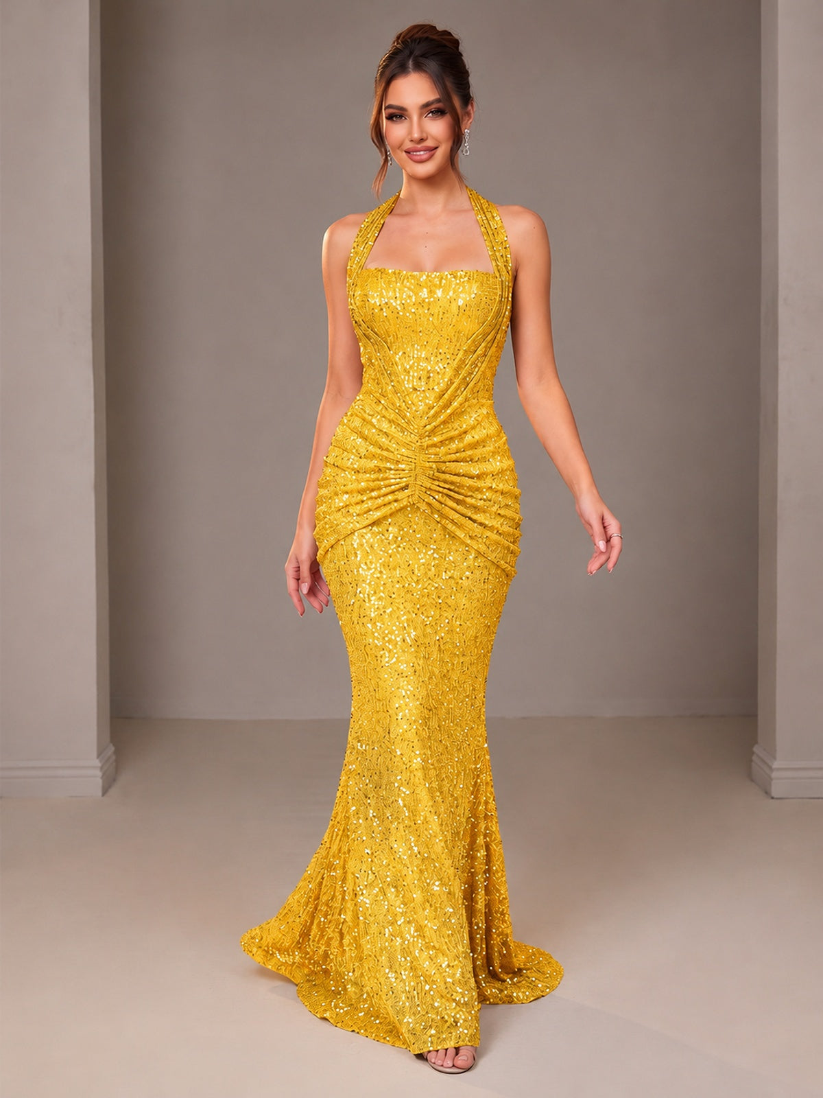 Gold Halter Sequin Mermaid Ruched Prom Dress Long Ruched Evening Gown