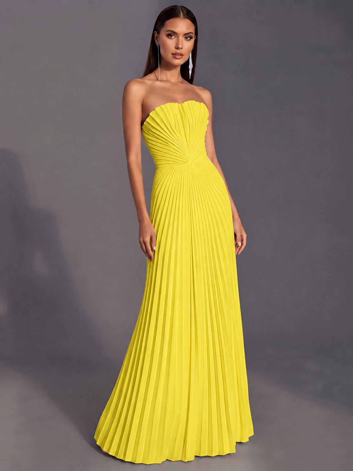 Strapless A-line Long Pleated Satin Prom Dress