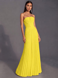 Strapless A-line Long Pleated Satin Prom Dress