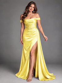 Off Shoulder Satin Maxi Dress with Slit