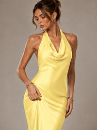 Olive Green Halter Satin Mermaid Maxi Dress