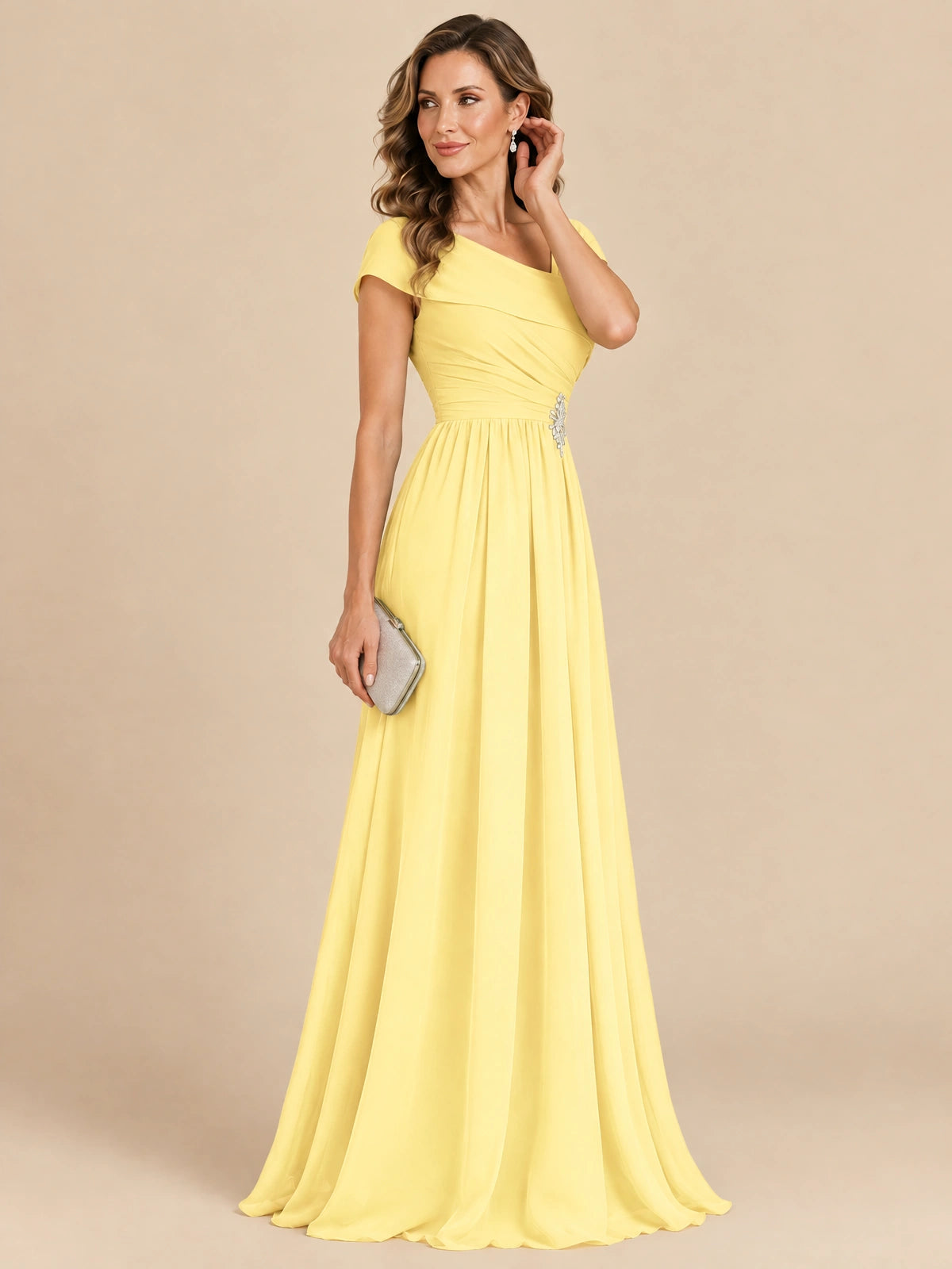 Cap Sleeve Mother of The Bride Dresses Long Chiffon Formal Gowns