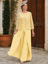 Elegant 3-Piece Chiffon Mother of the Bride Pantsuit with Floral Applique Jacket
