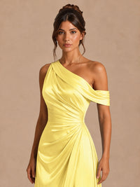 Satin One Shoulder Prom Dress Ruched Long Formal Evening Gown