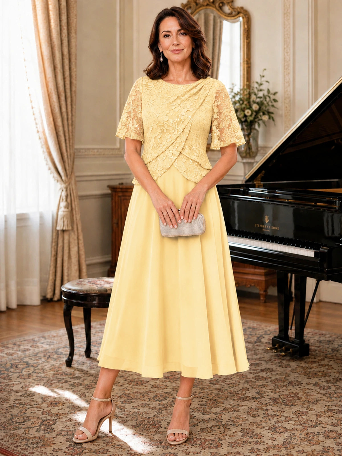 Tea-Length Chiffon Mother of the Bride Dress with Sequin Lace Sleeves