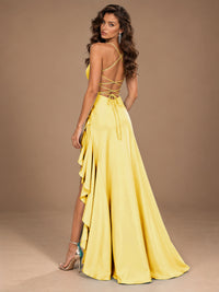 Burgundy Spaghetti Strap Ruched Prom Dress with Ruffled High Slit